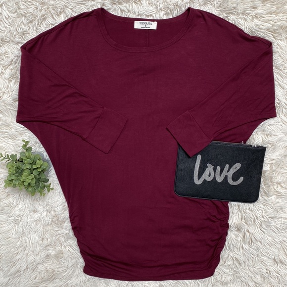 Zenana Ruched Dolman Sleeve Top 💗 Cranberry - Picture 2 of 11